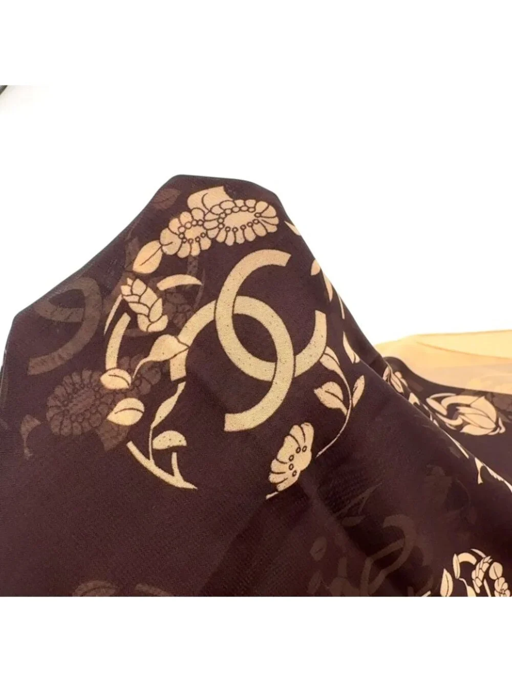 Chanel CC Logo Flower Motif Silk Brown Beige Scarf